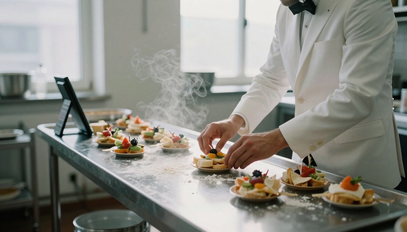 A caterer arranging canapés in a bright kitchen with a schedule on a phone