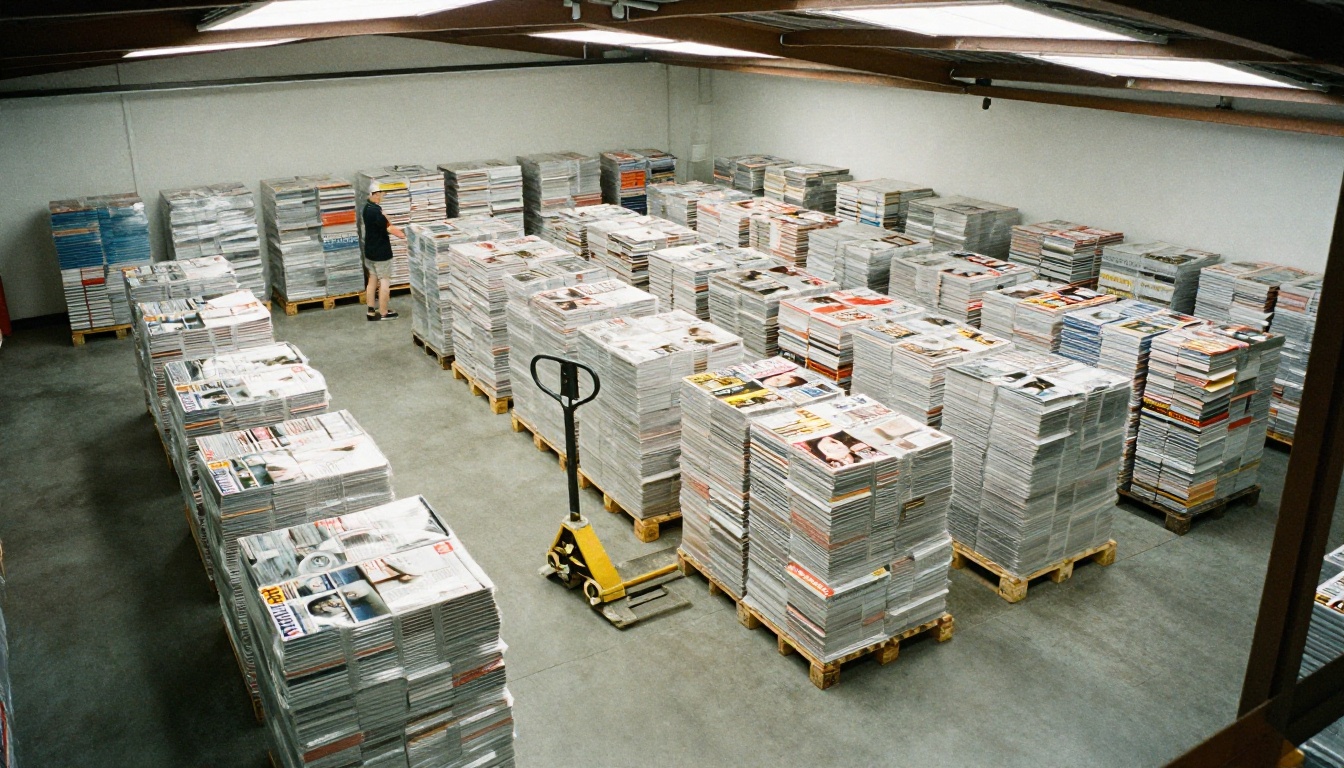 Aerial view of a printing warehouse with pallets of glossy magazines