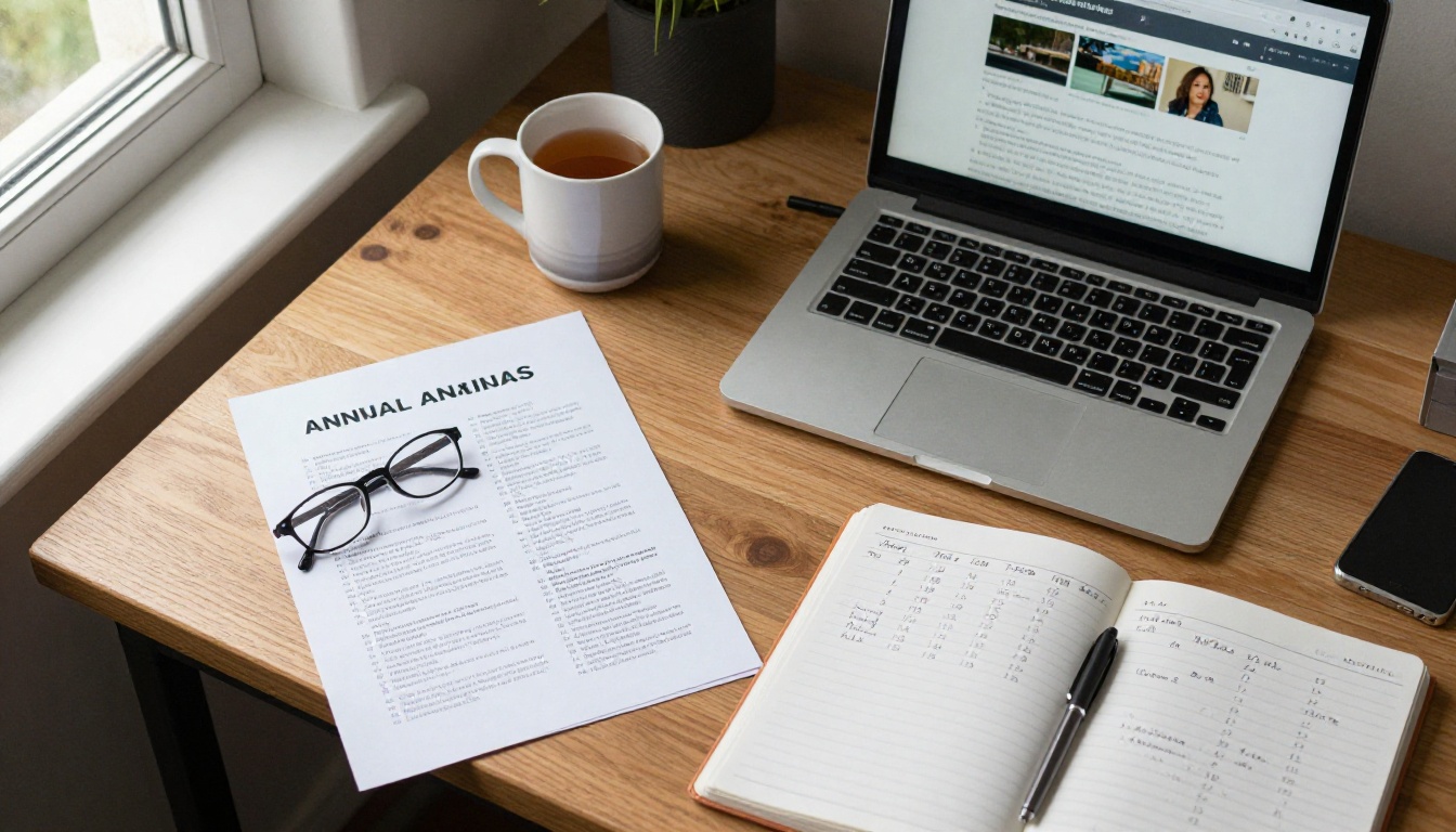 A church office desk with a printed annual report beside a laptop showing a digital version