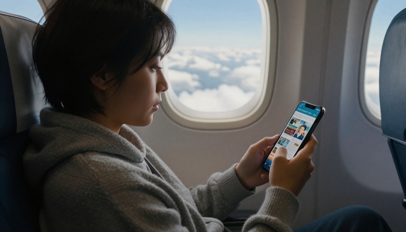 Passenger reading a digital magazine on a smartphone at an airplane window