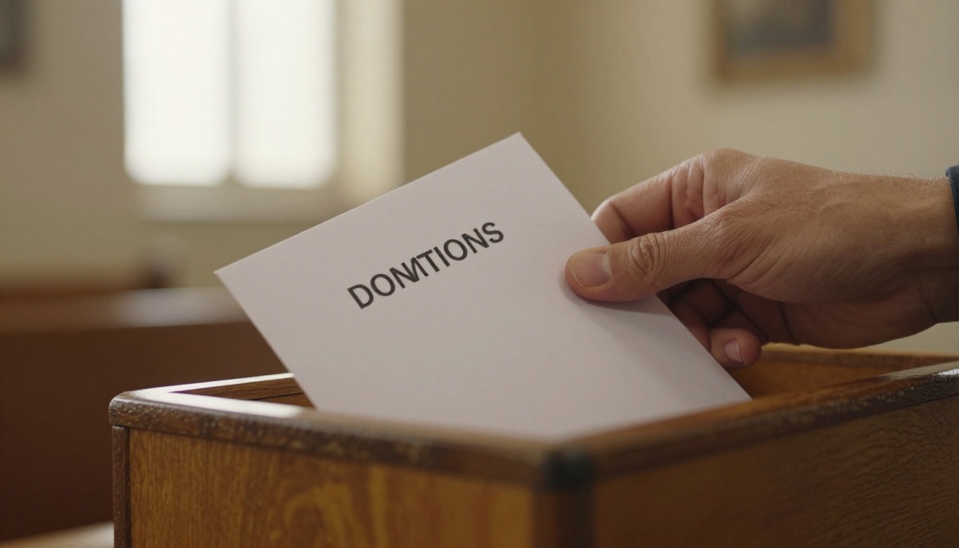 Hands placing a donation envelope into a wooden offering basket