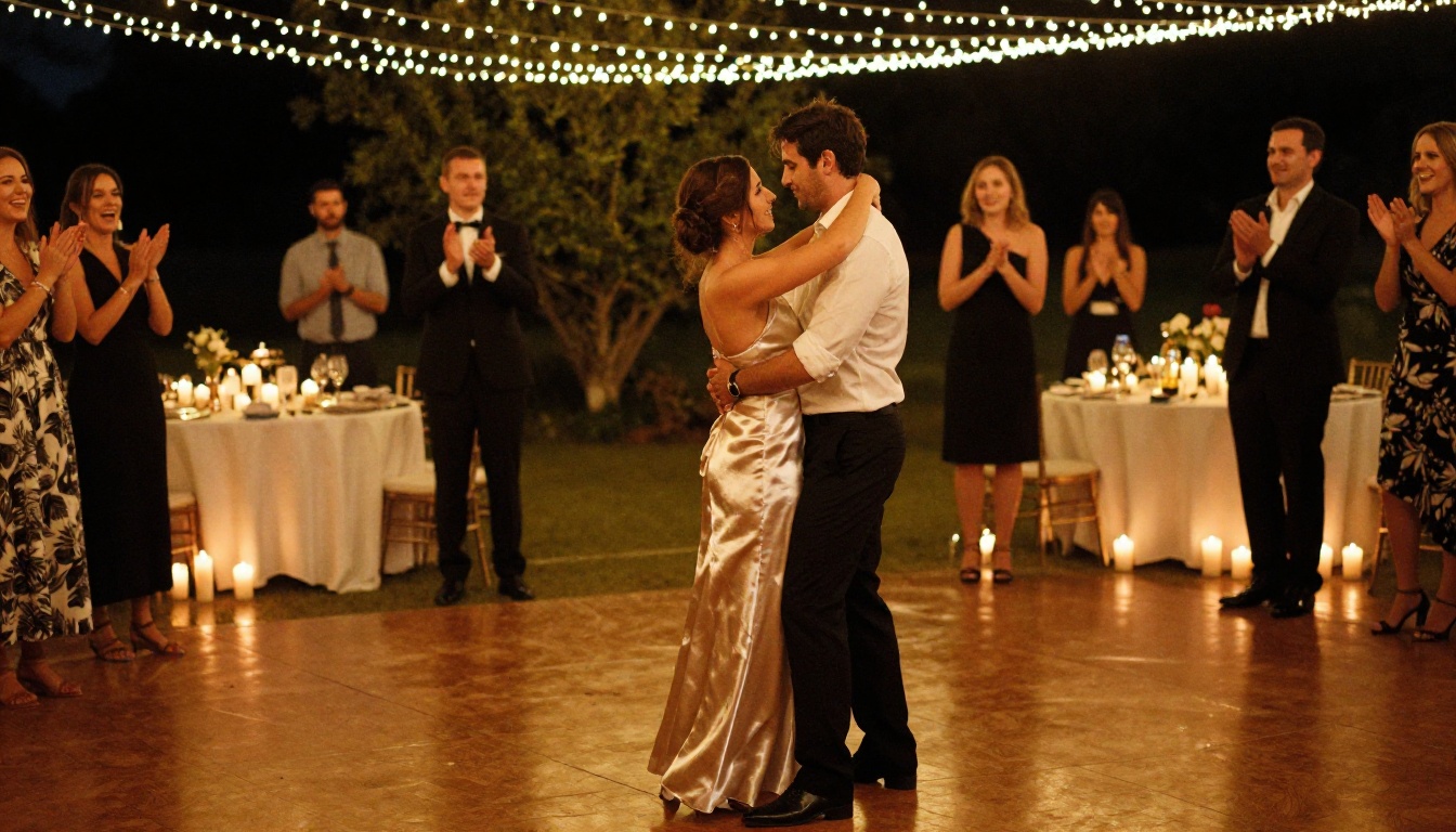 First dance at a reception with guests clapping under string lights