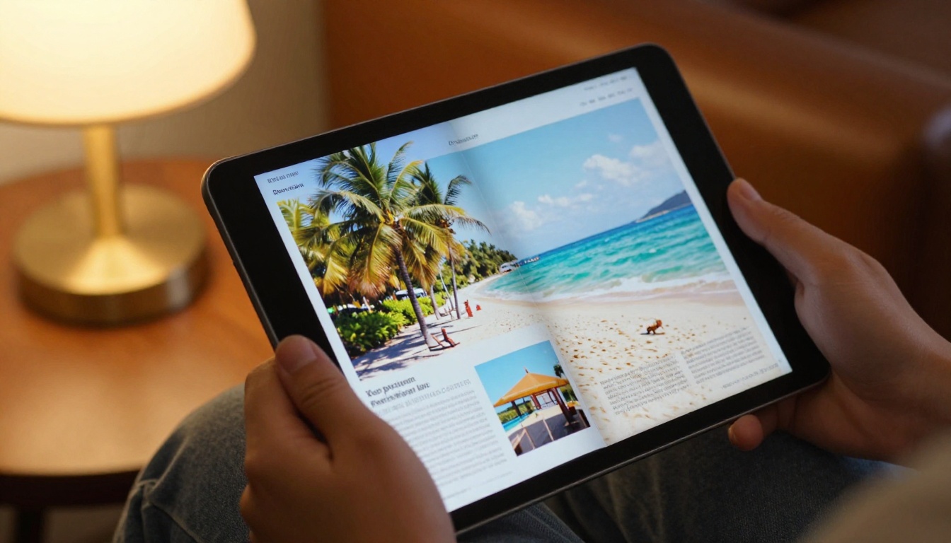 Hands holding a tablet showing a glossy travel magazine spread in an airport lounge