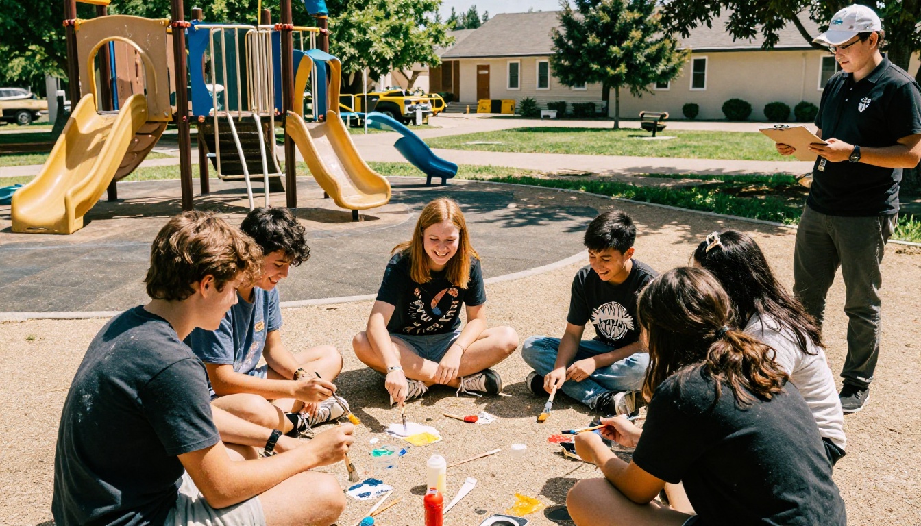Church youth group painting a community playground on a sunny day