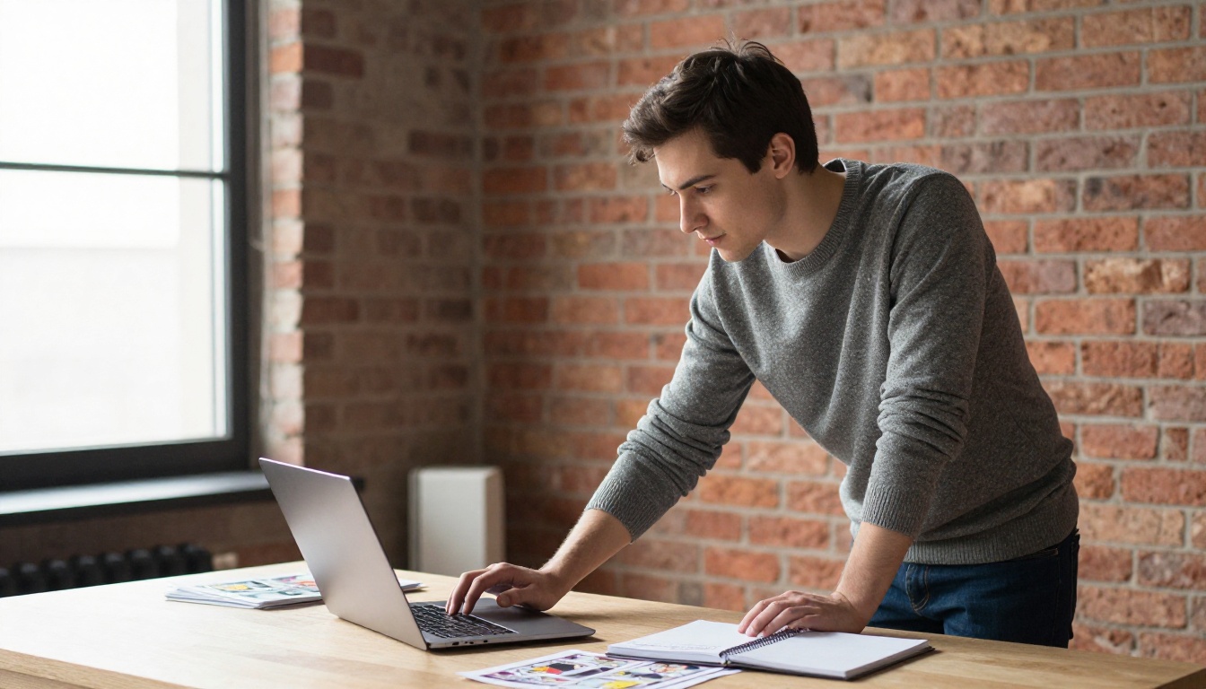 A young creator reviewing monthly earnings on a laptop beside printed comics