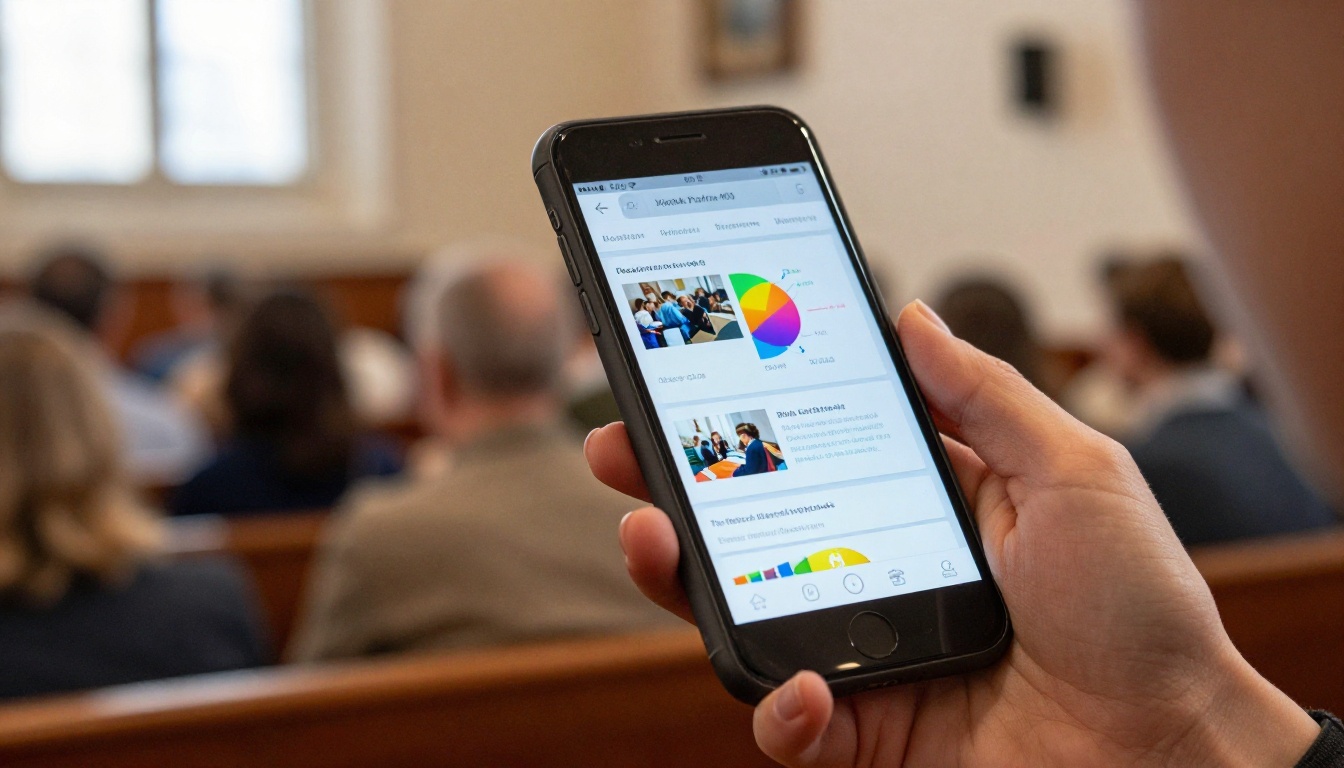 A woman holding a smartphone showing a digital flipbook report in a church lobby