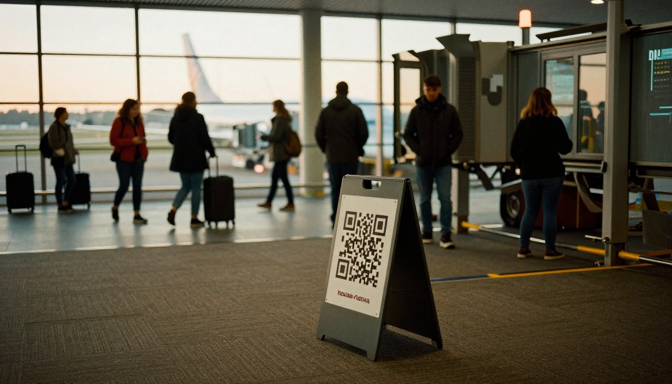 Airport gate with a small QR code stand beside the boarding door