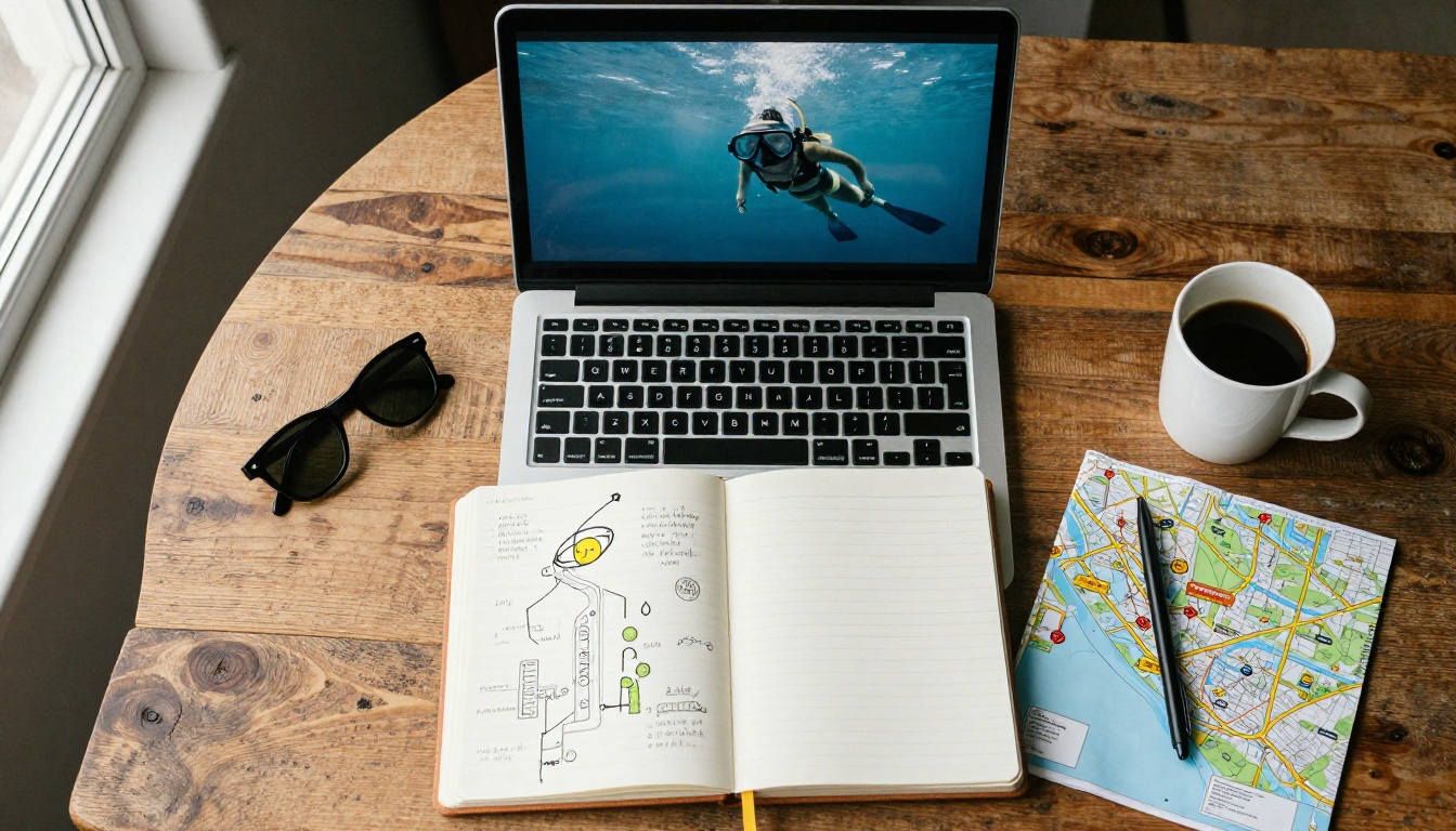 Flat lay of laptop, notebook, map and sunglasses used for planning excursion brochures