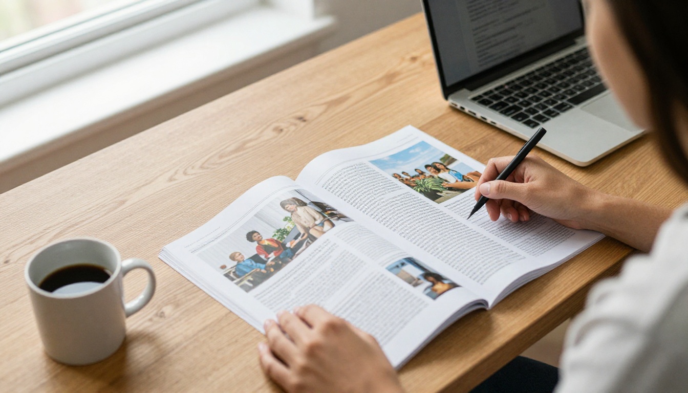 Editorial team reviewing magazine page layouts at a wooden desk