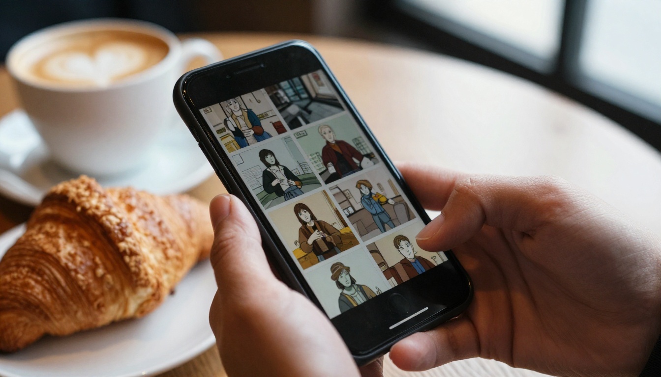A webcomic reader scrolling a vertical comic on a phone at a cafe table