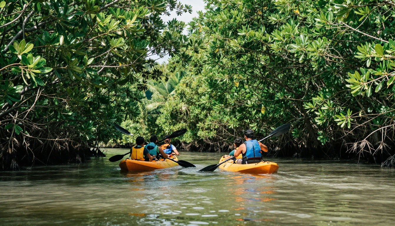 Family kayaking through emerald mangrove channels with a guide