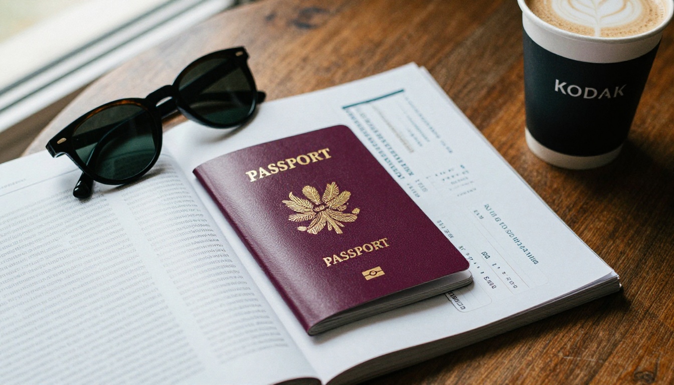 Travel magazine open on a wooden table beside a passport and boarding pass