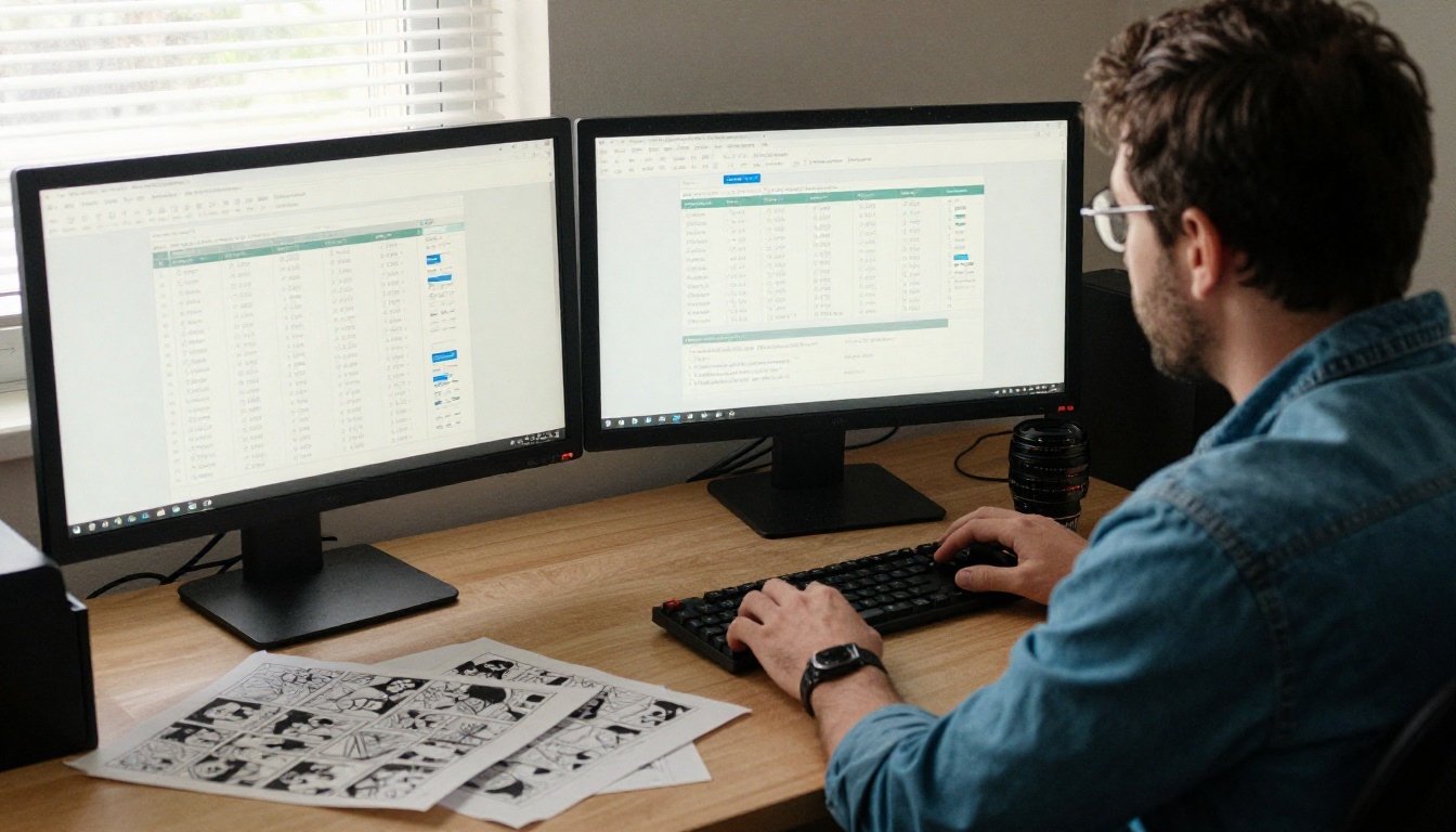A creator at a desk reviewing website analytics next to printed comic proofs