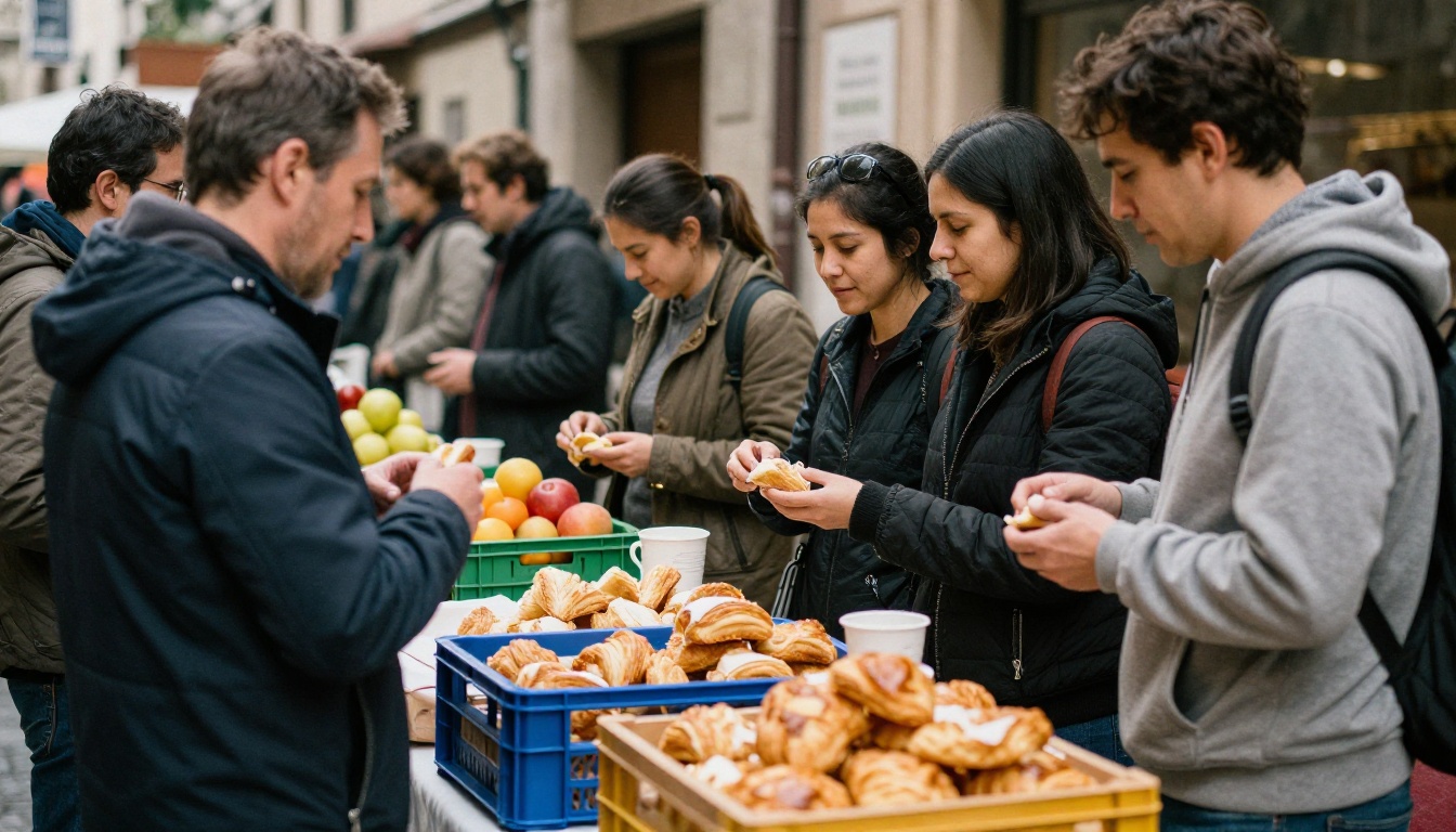Small group tasting pastries at an old-town market food tour