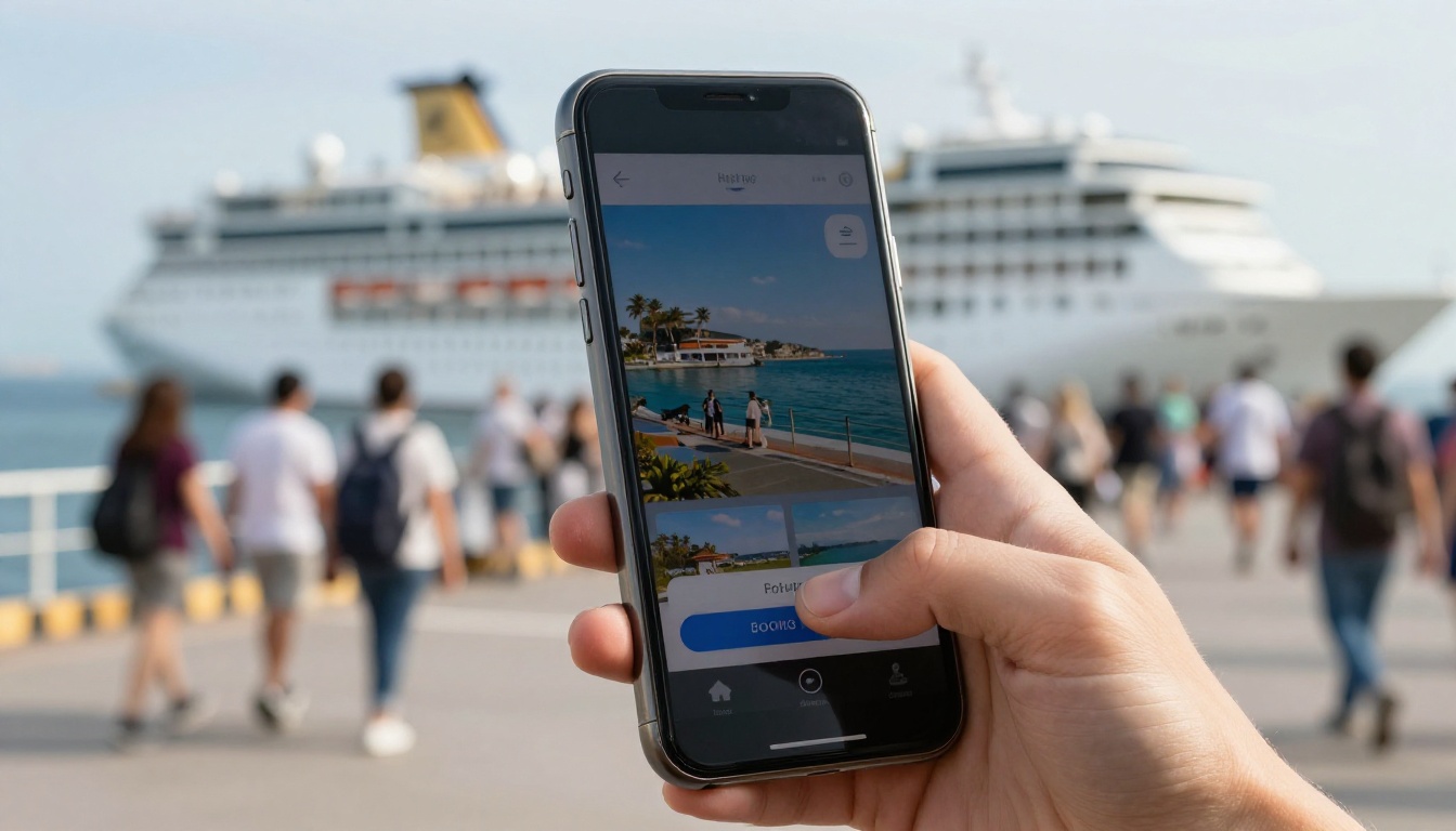 Hand holding a smartphone at a pier showing a travel brochure with a booking button