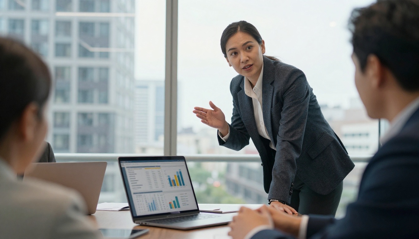 Marketing manager presenting analytics on a laptop to colleagues