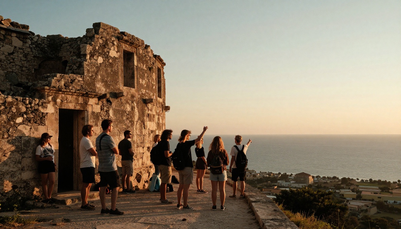 Tourists on a hilltop ruin at sunset with a guide pointing at the sea