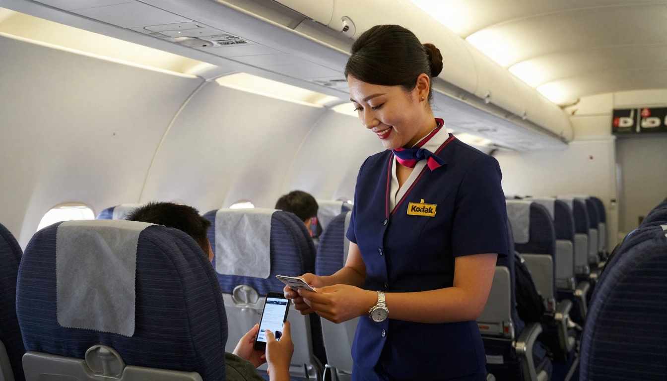Flight attendant smiling in the aisle while a passenger scans a code with their phone