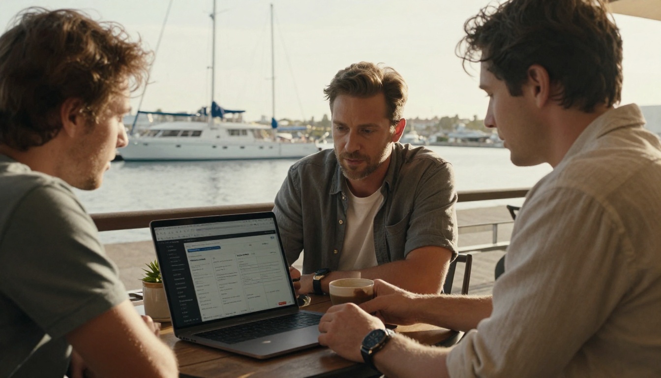 Two business owners reviewing tour booking data at a harbor cafe