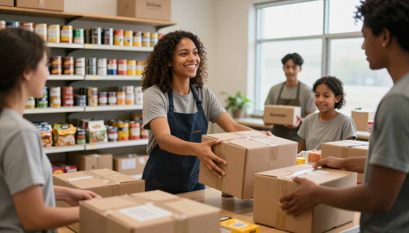 Volunteers packing food boxes at a church food pantry