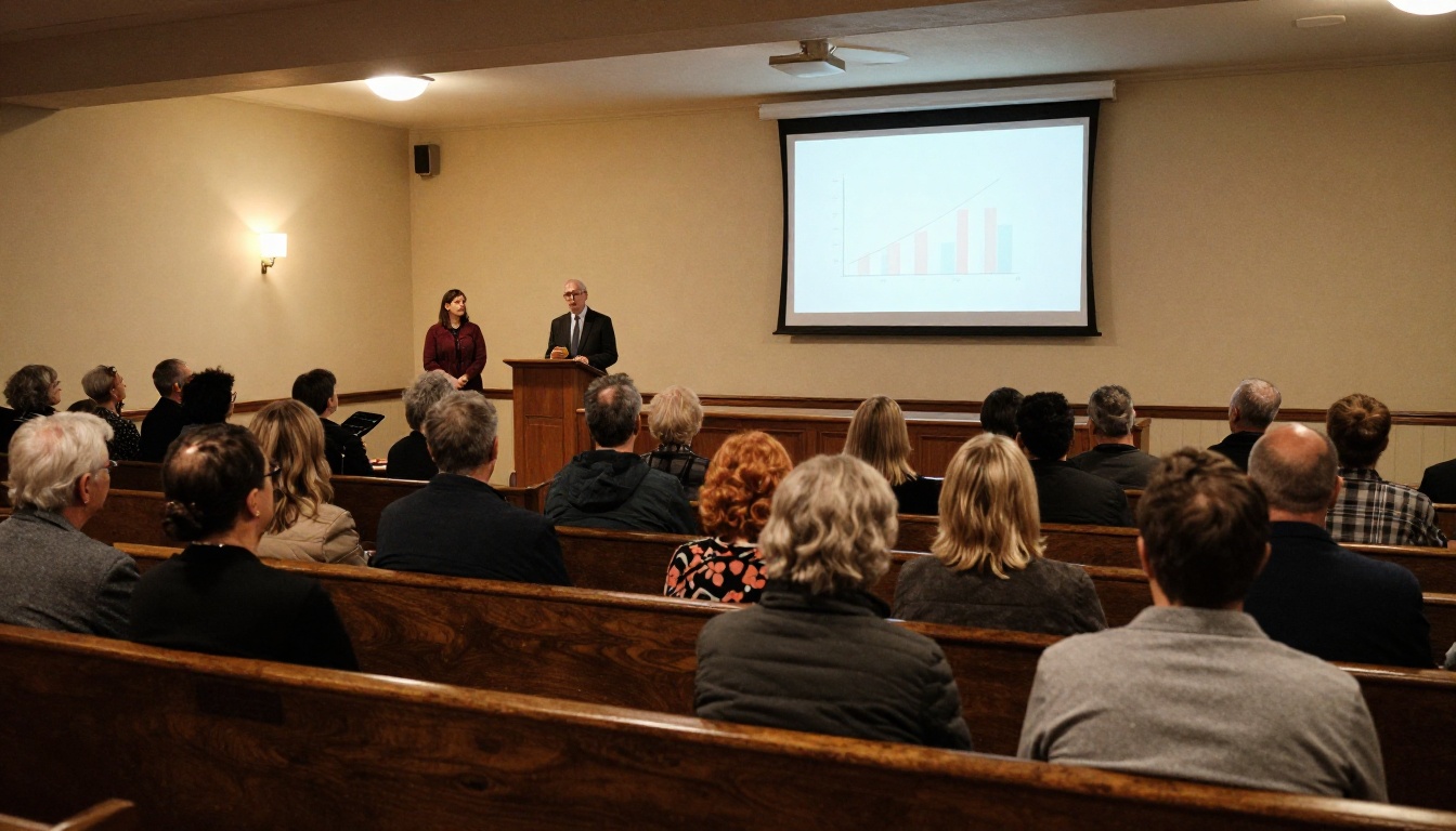 Church members seated in pews watching a bar chart on a projector screen