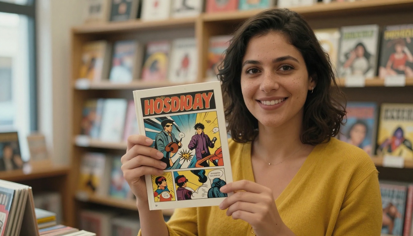 A woman holding a printed comic book in an independent bookstore
