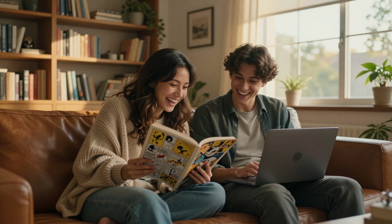 Two friends laughing on a sofa while one reads a comic on a laptop
