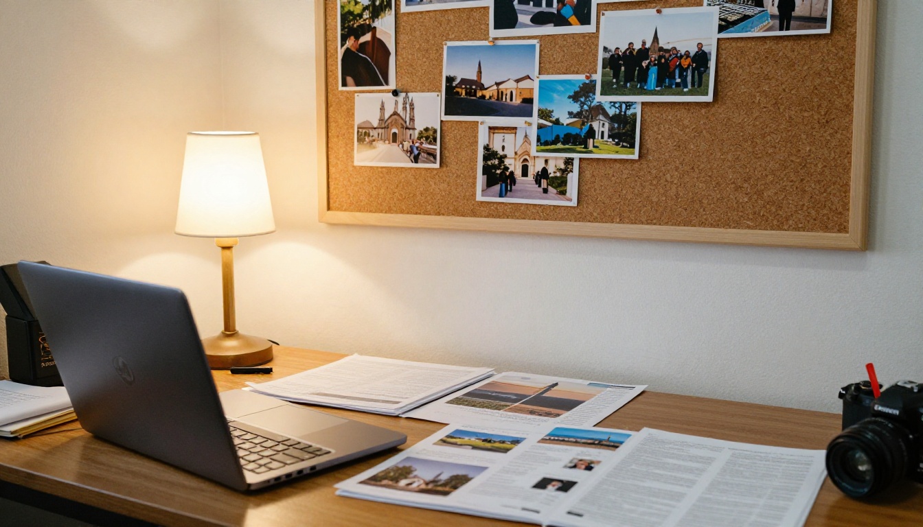 A church communications volunteer laying out a report at a laptop with photos on the desk