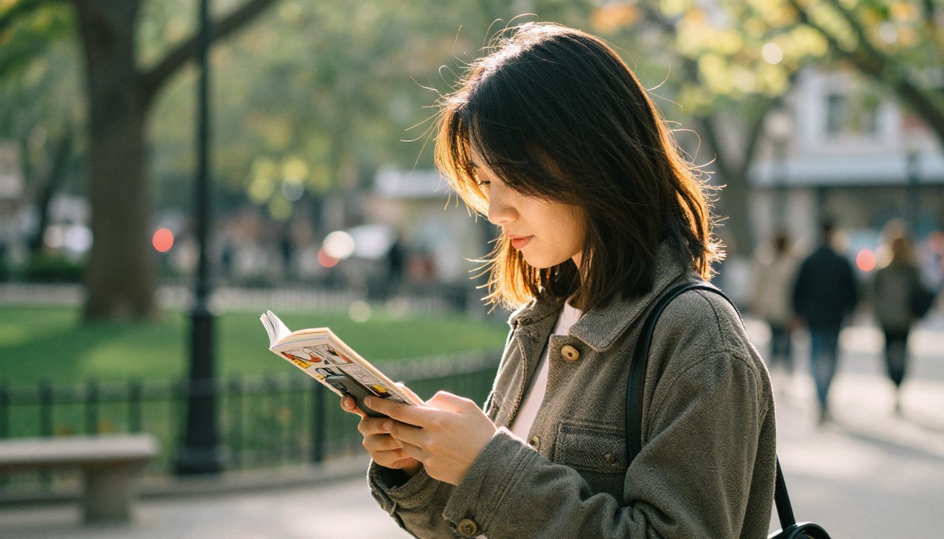 A woman reading a comic on her phone while walking through a sunny park