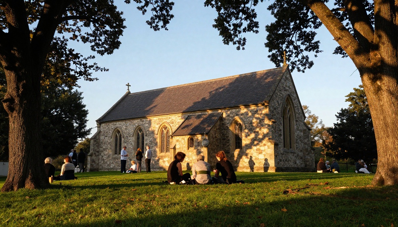 A small stone church at golden hour with members chatting on the lawn