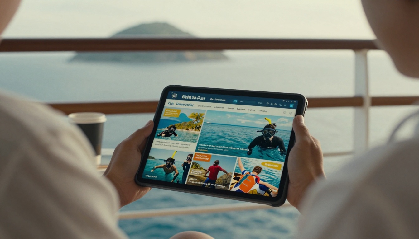 Traveler on a cruise balcony scrolling a tablet with an excursion brochure