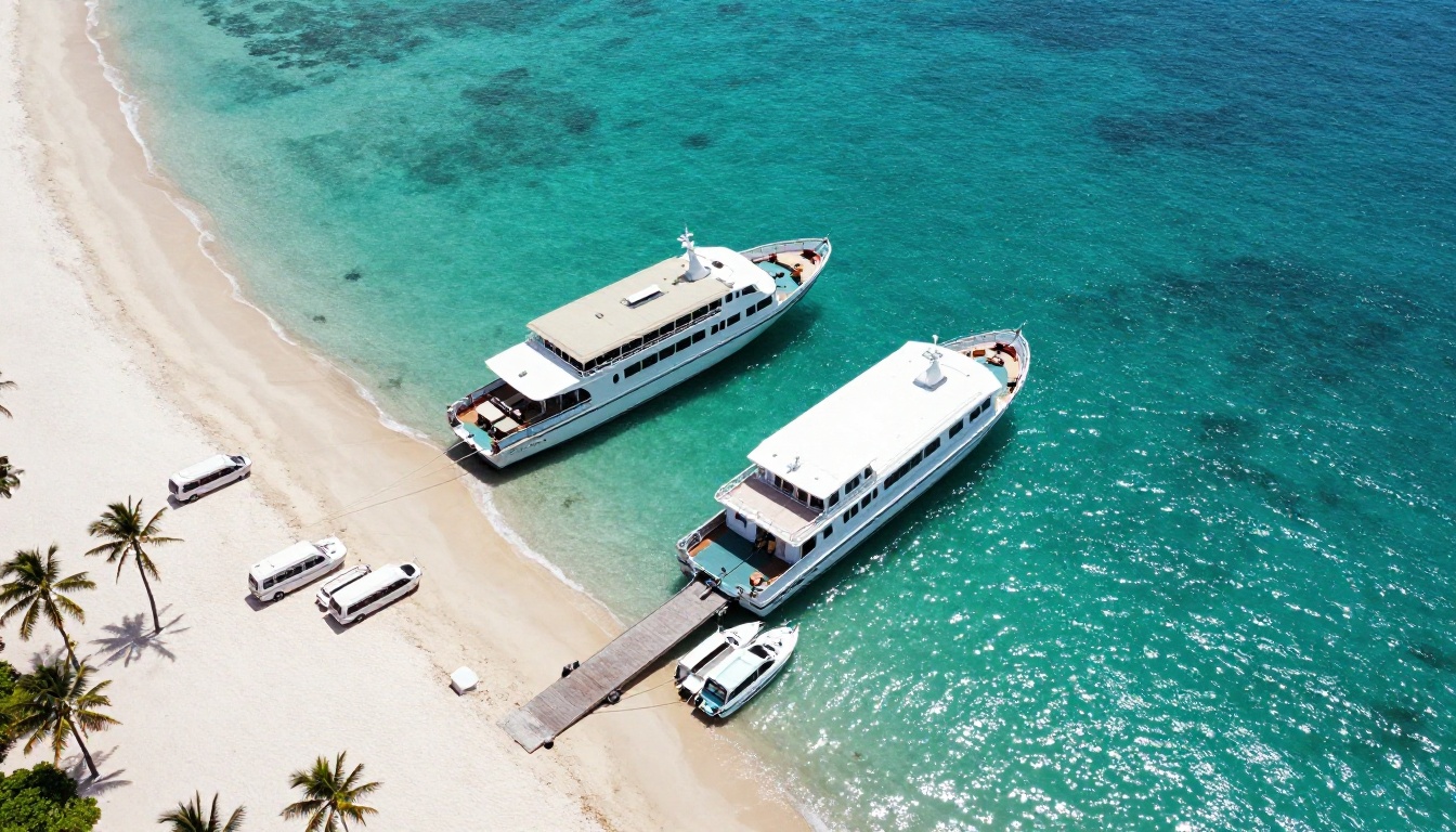 Aerial view of a tropical cruise port with ships, buses and catamarans