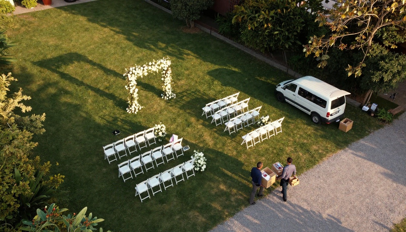 Aerial view of a wedding ceremony setup with vendors unloading