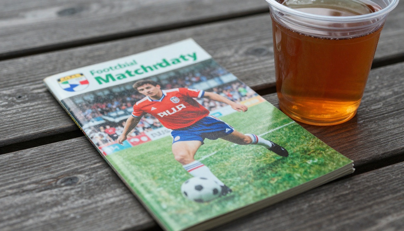 Vintage printed football programme on a terrace bench next to a cup of tea