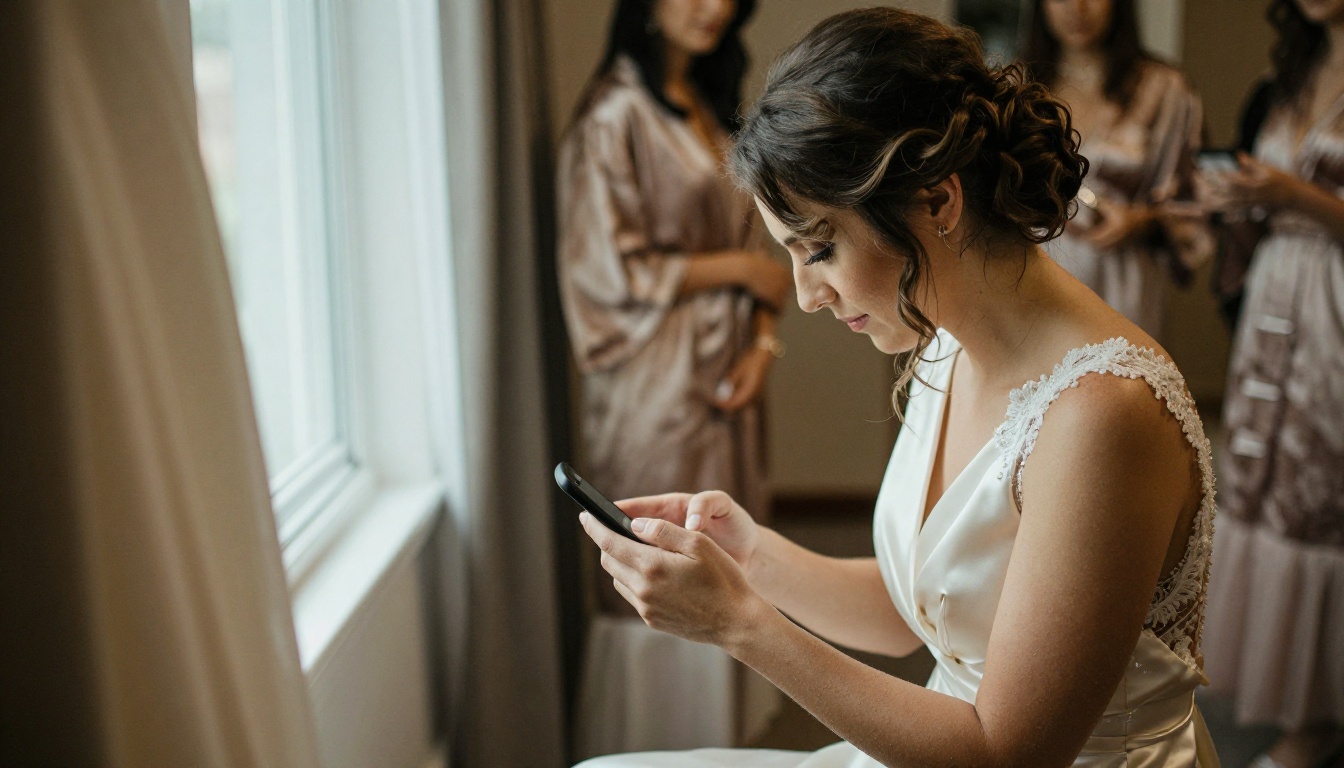 A bride waits by a window while the photographer checks the schedule on a phone