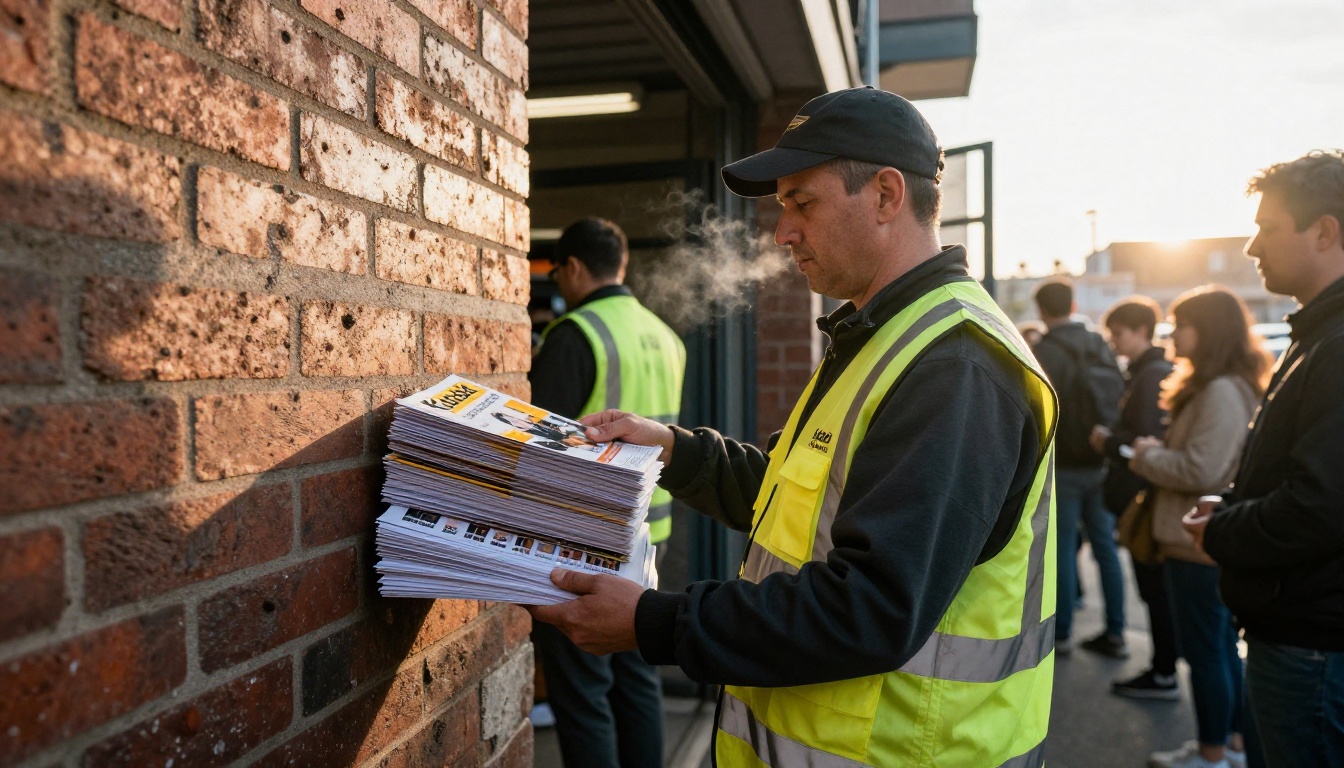 Programme seller in a high-visibility vest outside a stadium gate
