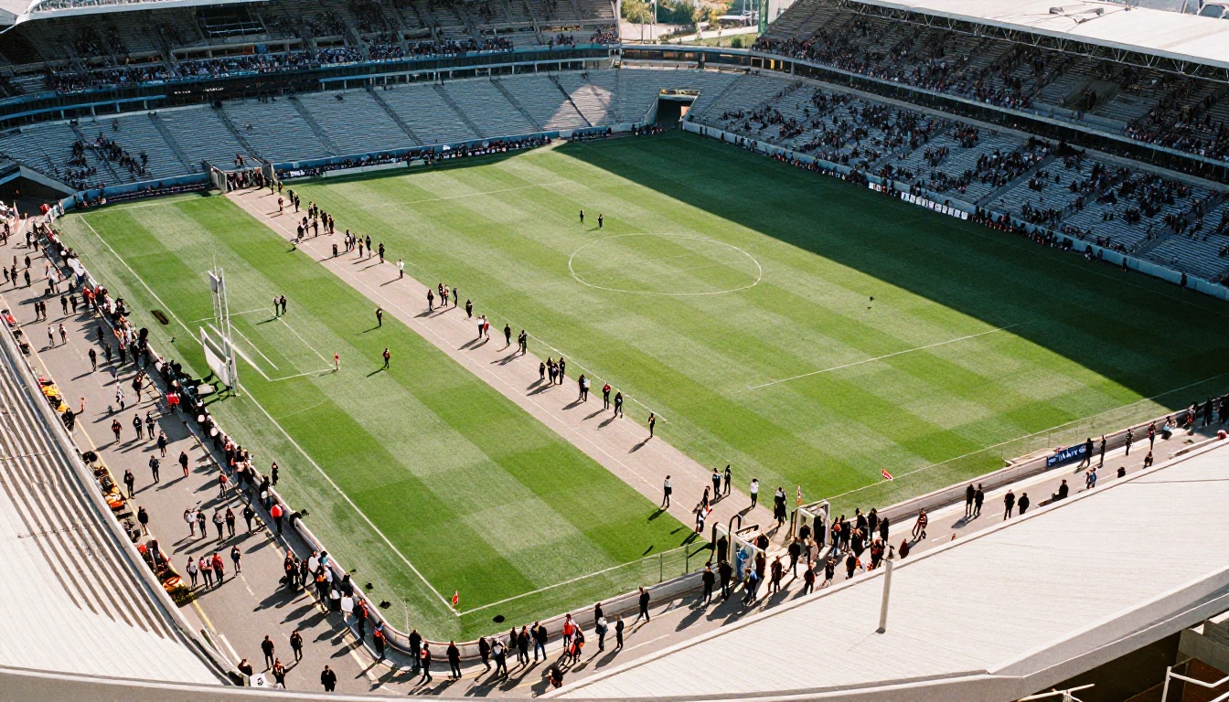 Aerial view of a stadium on matchday with fans walking toward the gates