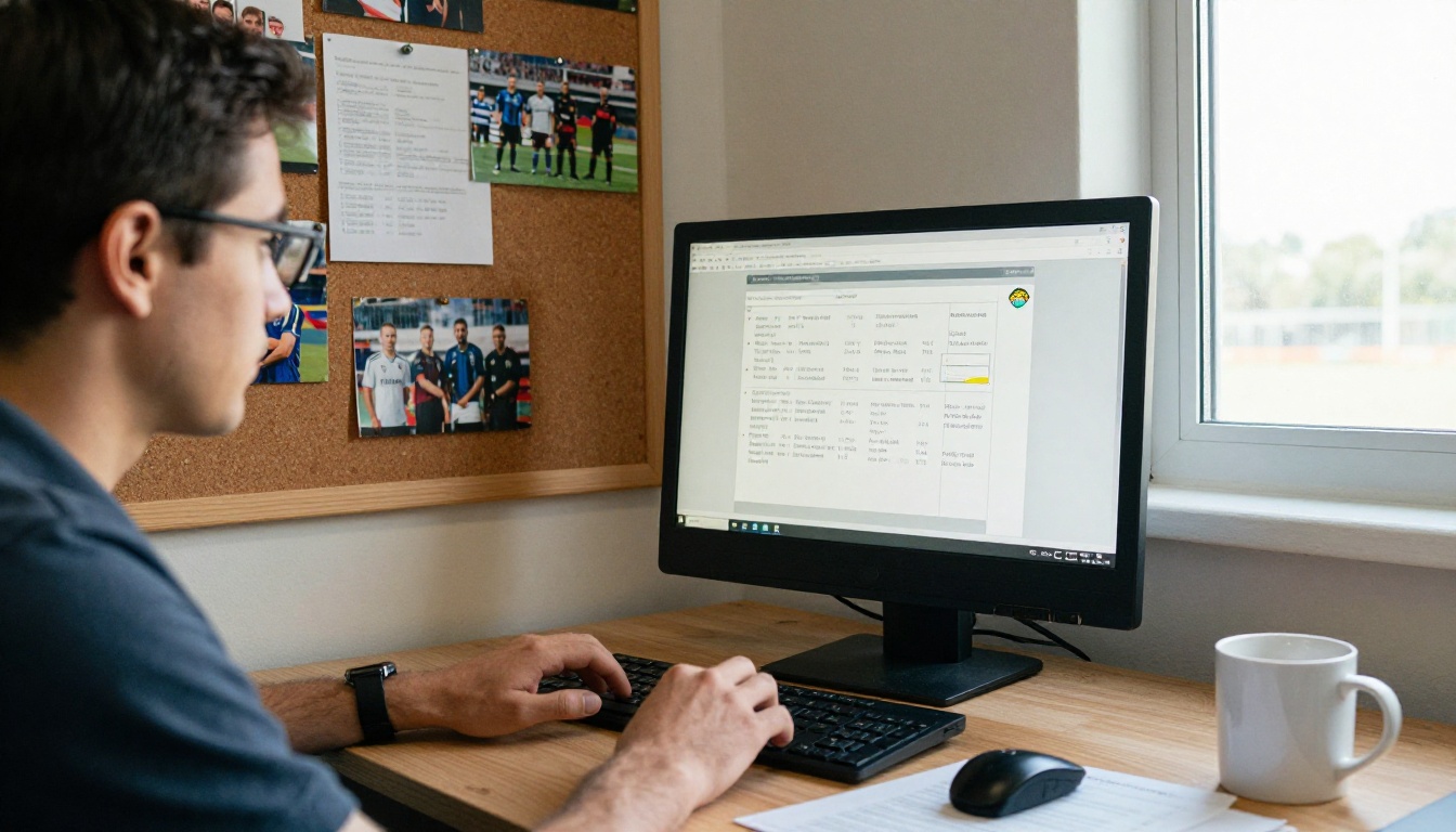 Club media officer editing a programme layout on a desktop monitor