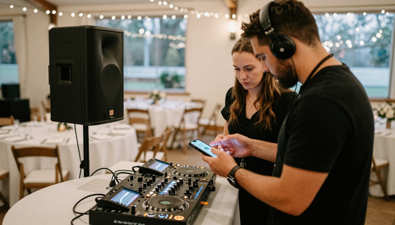 A DJ and a planner reviewing a phone screen at the reception sound booth