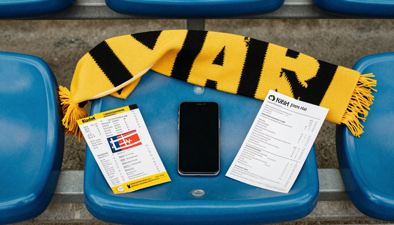 Flat lay of a smartphone, tablet and printed programme on a stadium seat