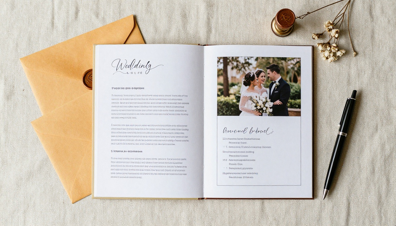 Flat lay of wedding stationery with a tablet showing a digital booklet