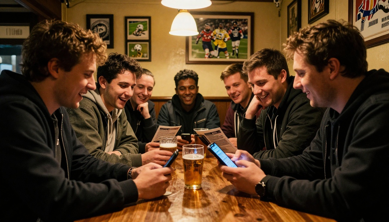 Supporters in a pub reading a digital programme together on a phone