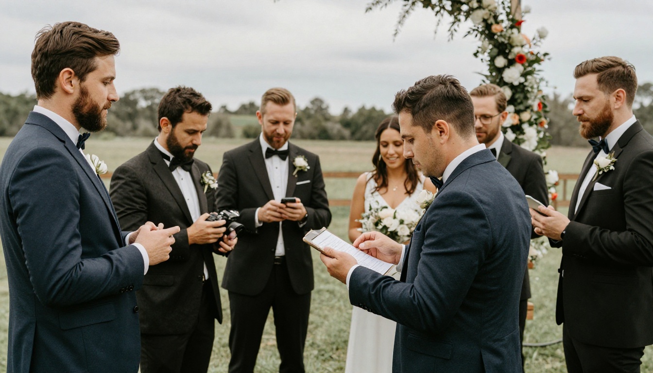 A group of five wedding vendors reviewing the evening schedule together