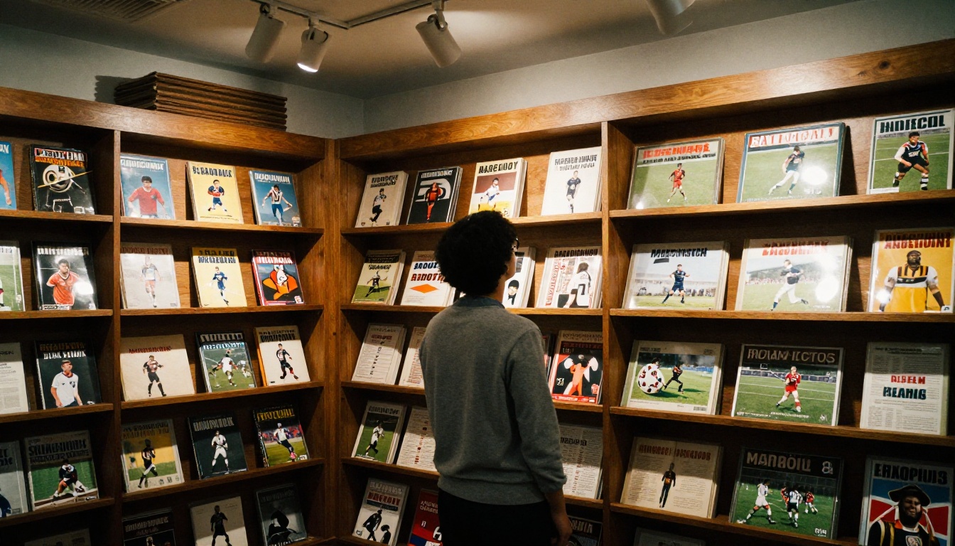Visitor looking at archived programmes behind glass in a club museum