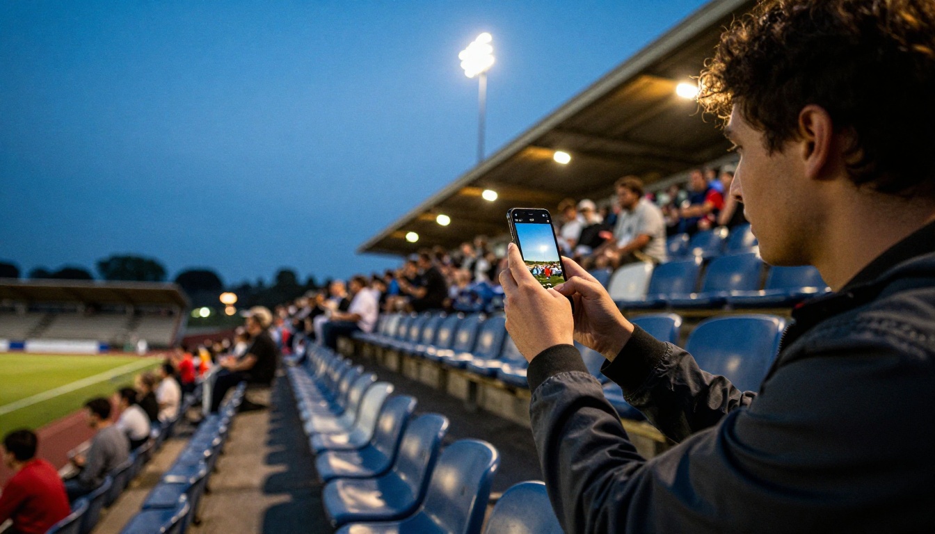 Fan holding up a phone toward the floodlit pitch at dusk