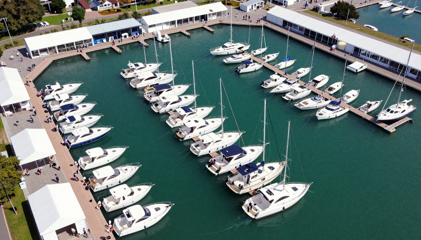 Aerial view of a large boat show marina with rows of docked boats