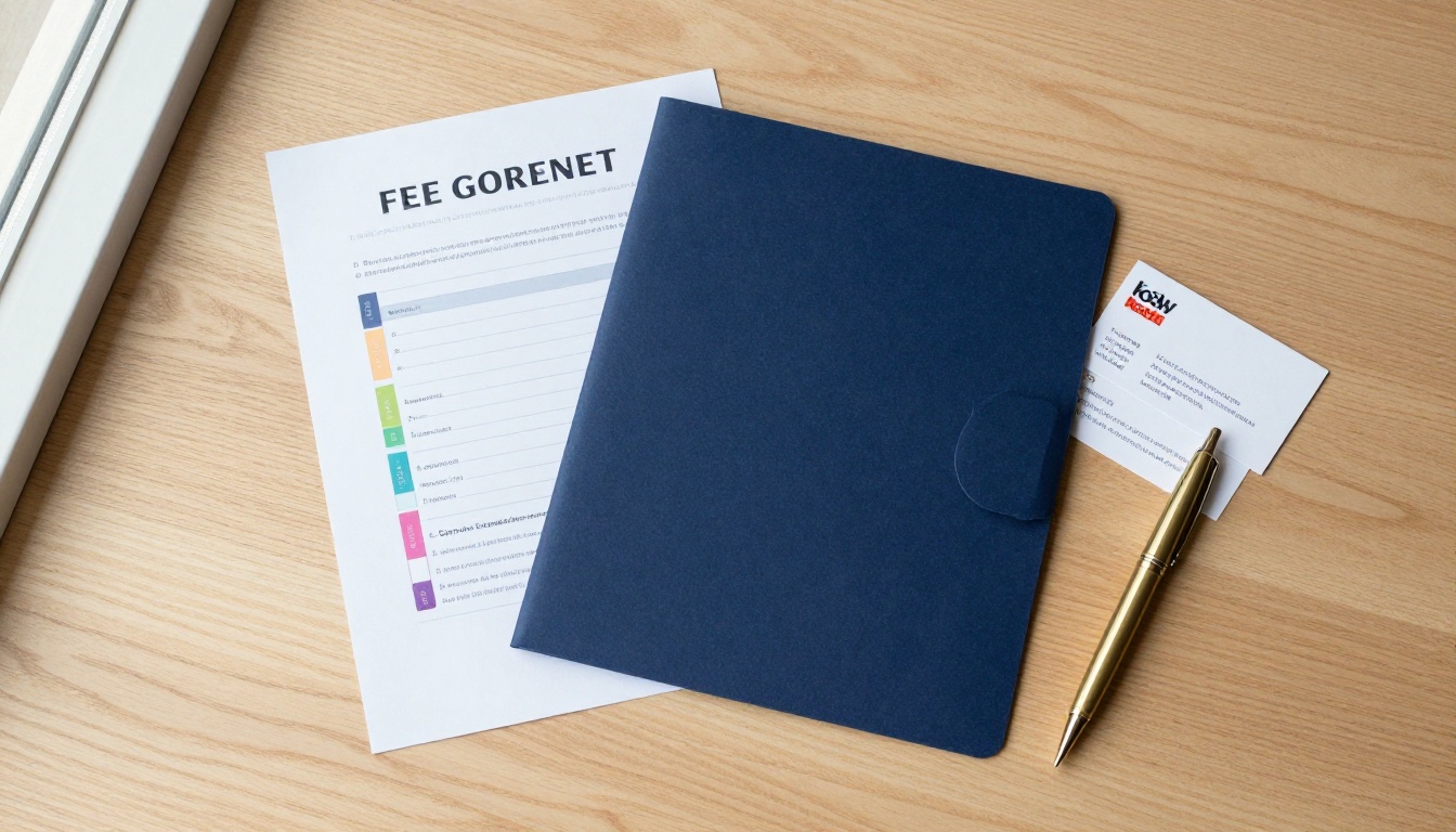 A printed welcome packet laid out flat on a light oak desk with a navy folder, fee agreement and brass pen