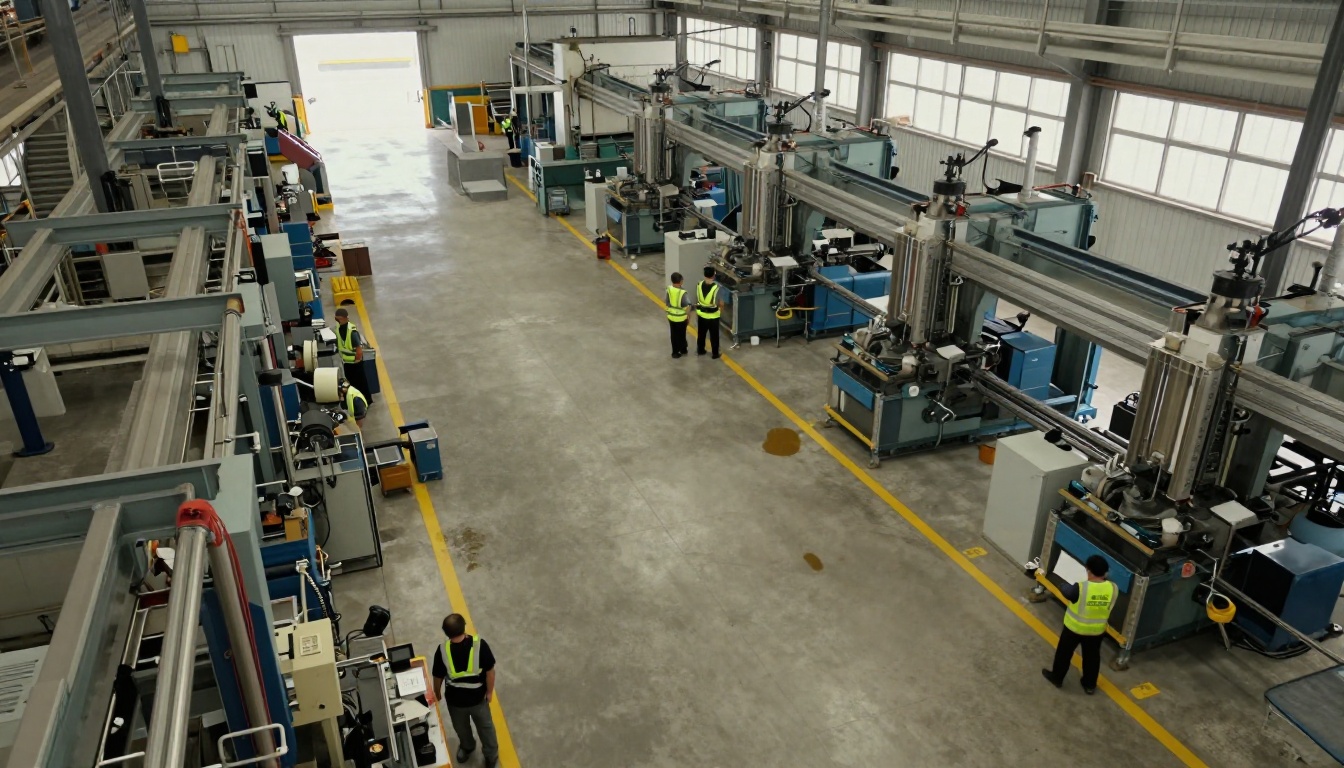 Aerial view of a busy manufacturing plant floor