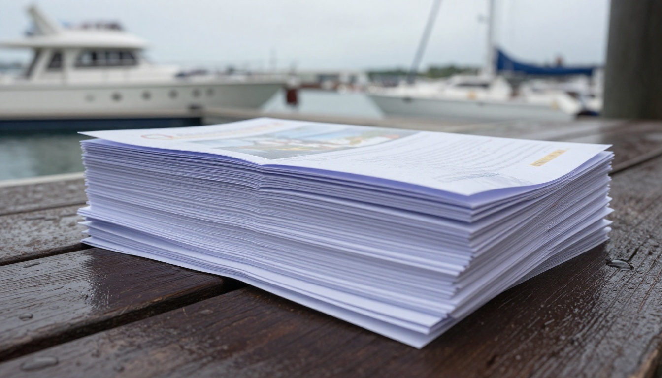 Stack of wet paper brochures left on a dock bench