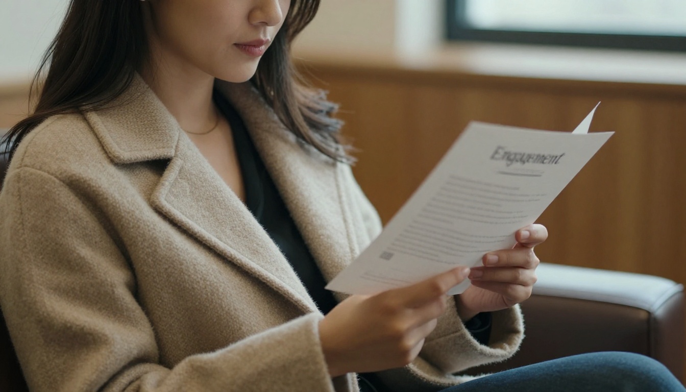 A client reading a printed retainer letter in a quiet law office waiting room